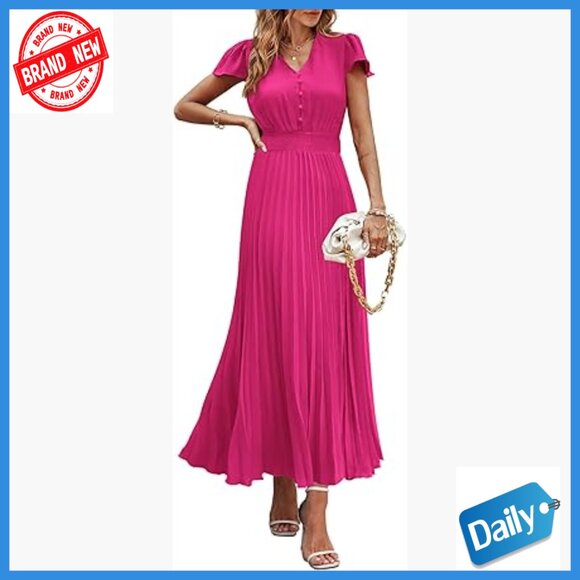 Women's Maxi Dress V Neck Cap Sleeve Pleated Flowy Summer Casual